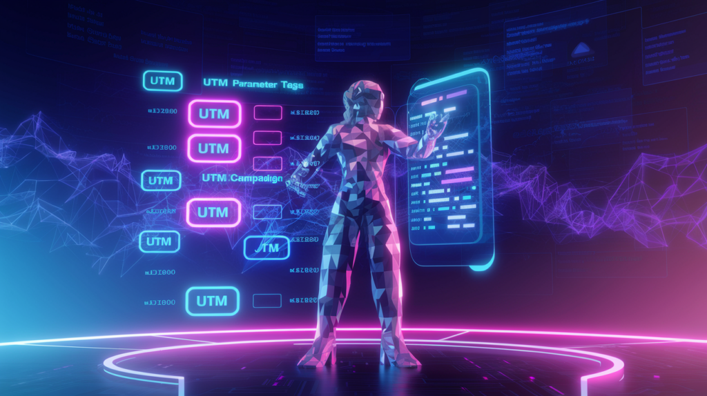 Futuristic polygonal figure interacting with glowing digital elements and campaign tags, illustrating the use of UTM parameters in tracking digital marketing data