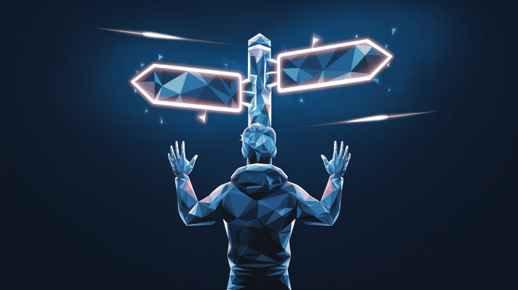 Futuristic figure standing at a glowing crossroads sign, symbolising the decision-making process of choosing the best digital marketing agency