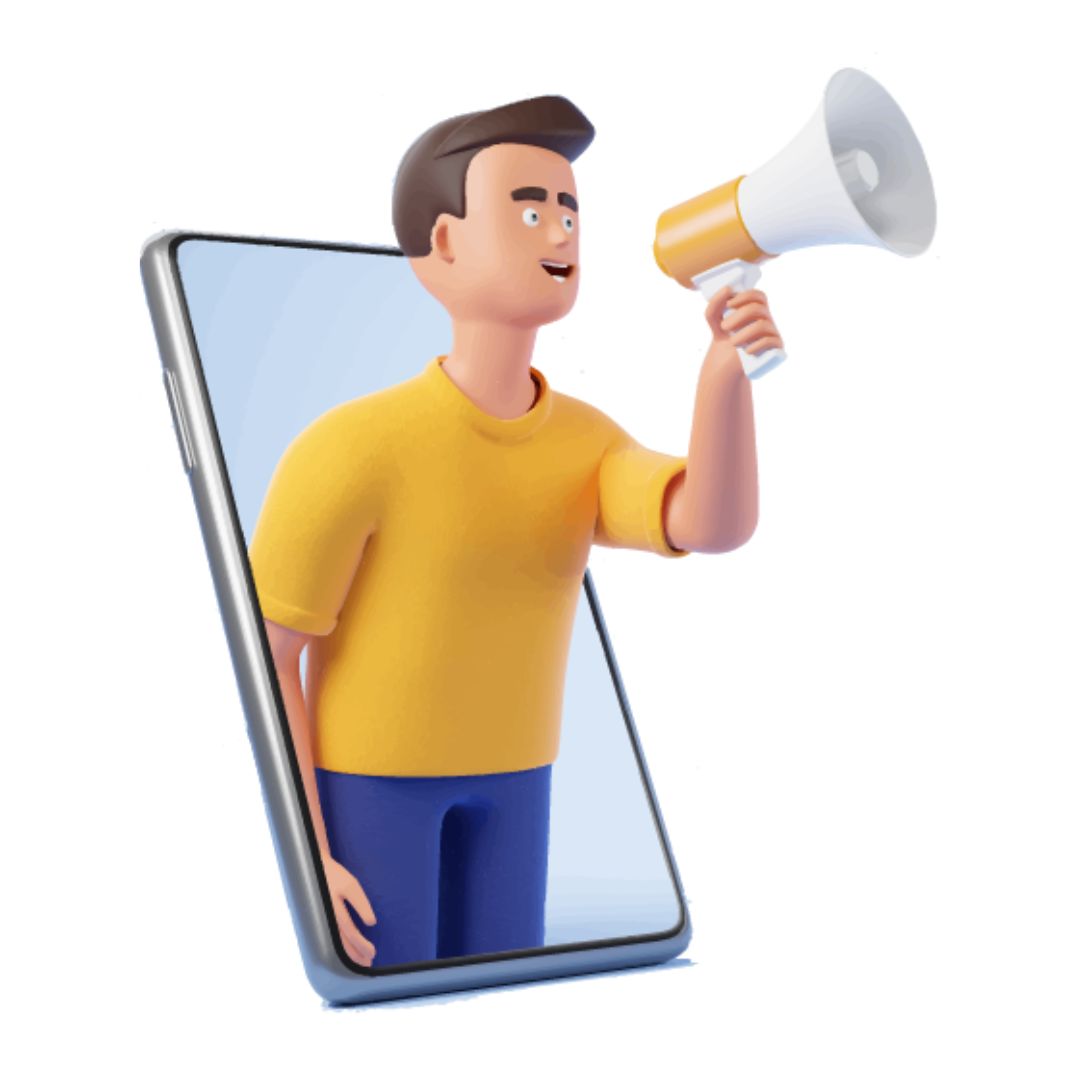 Cartoon man with megaphone emerging from smartphone, symbolising Data Driven Digital’s bold and innovative digital marketing approach