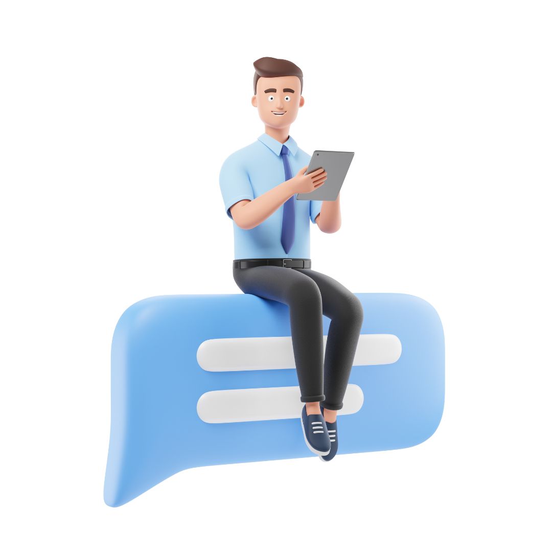 Professional character with tablet sitting on a chat icon, representing communication, transparency and trust at Data Driven Digital