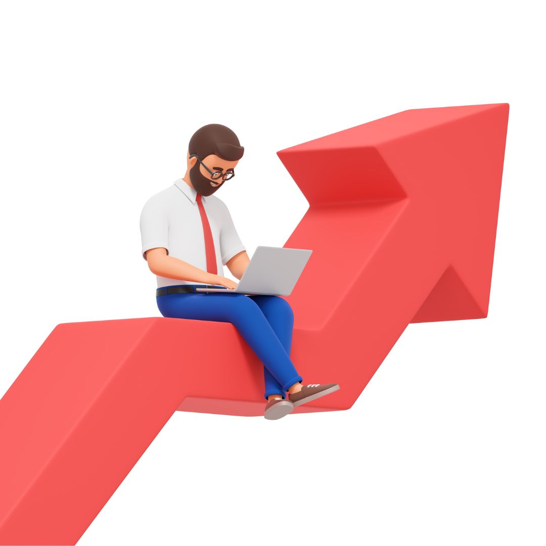 Digital marketing expert analysing growth performance on laptop with upward arrow, representing Central Coast agency success