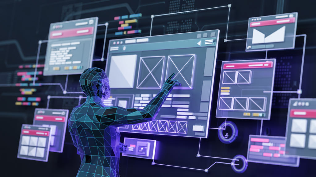 Futuristic wireframe figure interacting with advanced digital UI, representing a modern web design agency in action