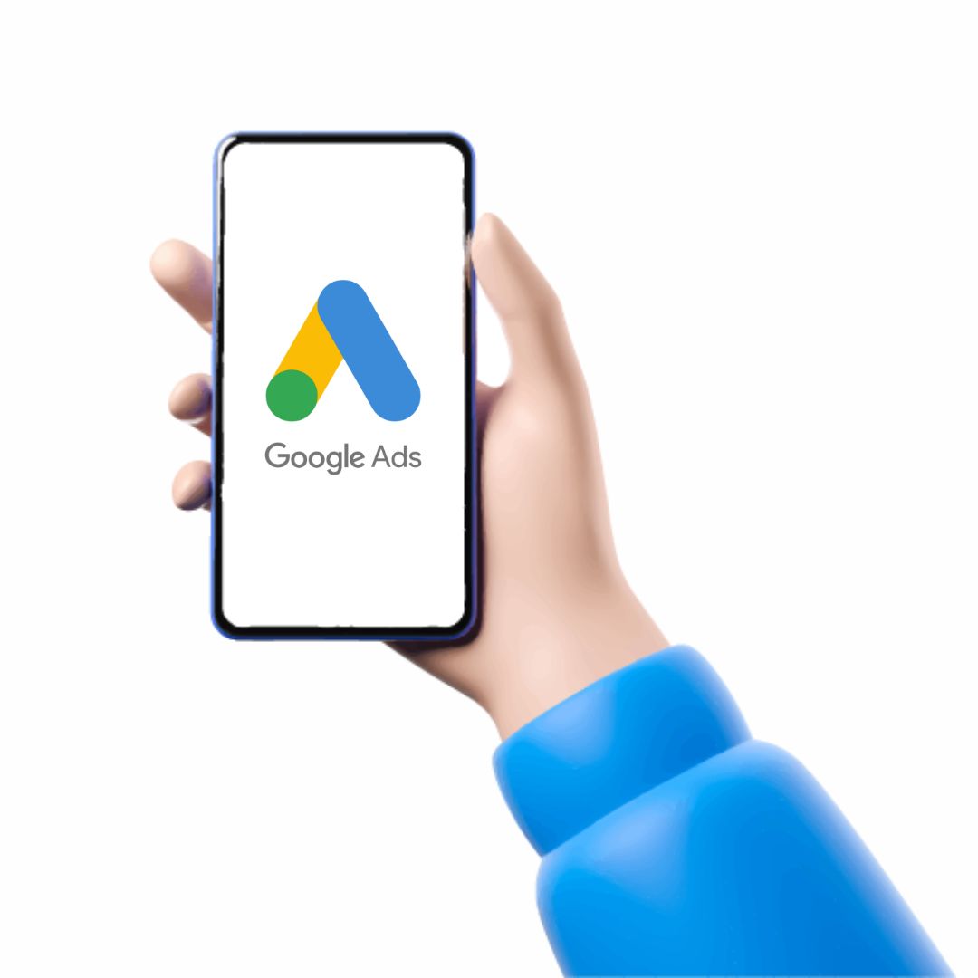Hand holding smartphone with Google Ads logo, representing expert campaign management by Data Driven Digital on the Central Coast