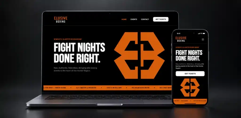 Elusive Boxing website on a laptop and phone, showing the Fight Nights Done Right homepage