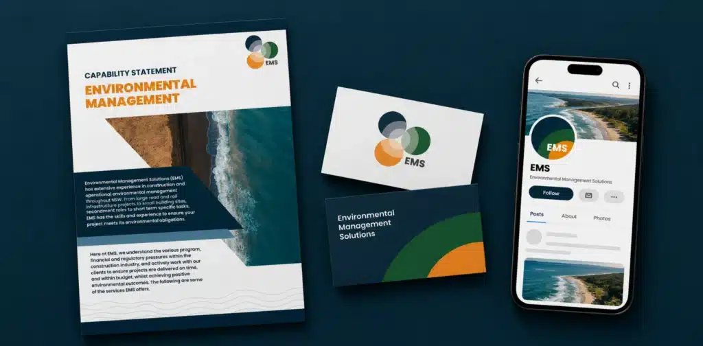 EMS capability statement, business cards and social media profile on a phone, on a deep navy background