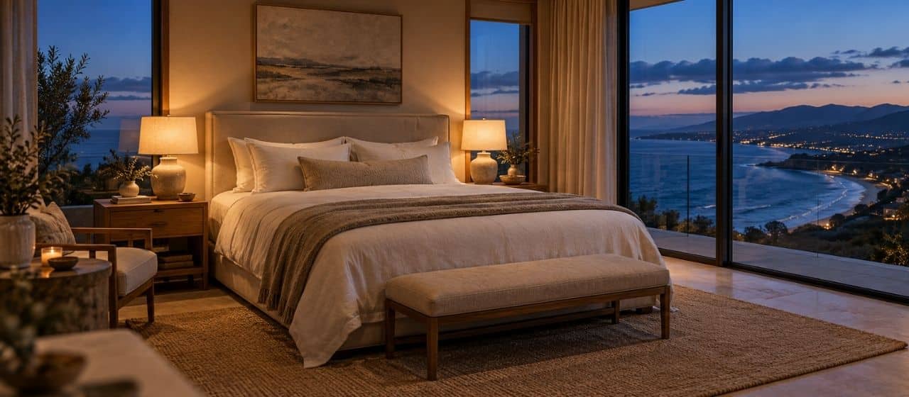 Hotel room with a view over the coast at dusk